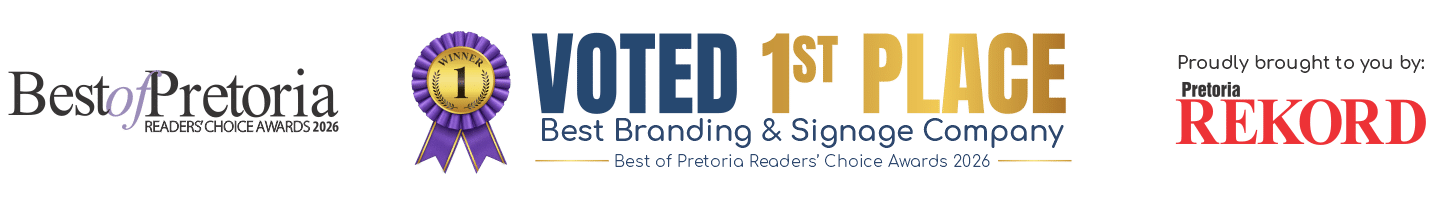 Merakology Creative Studio voted 1st Place, Best Branding & Signage Company, Best of Pretoria Readers’ Choice Awards 2026, featuring the official Best of Pretoria and Pretoria Rekord logos.