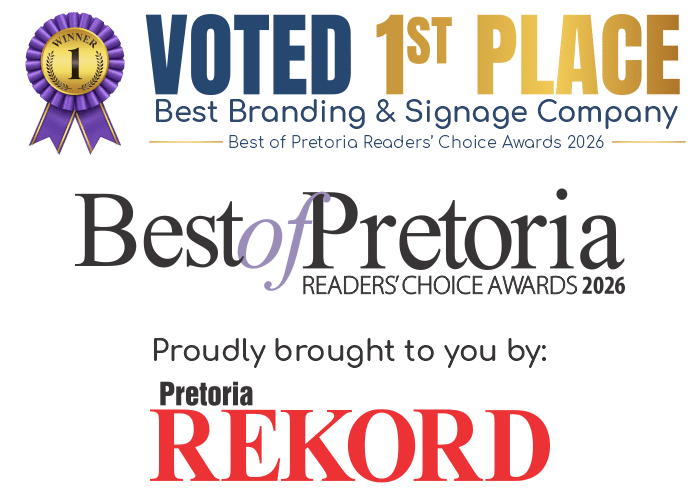 Merakology Creative Studio voted 1st Place, Best Branding & Signage Company, Best of Pretoria Readers’ Choice Awards 2026, featuring the official Best of Pretoria and Pretoria Rekord logos.