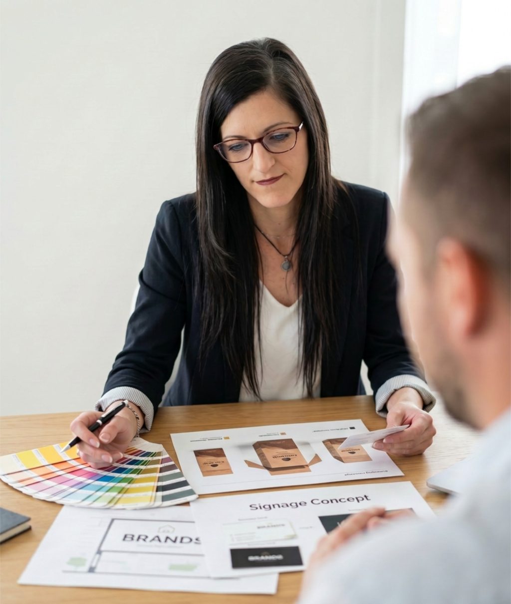 Jolene Barnes in a branding consultation reviewing signage, print and brand concept materials with a client.